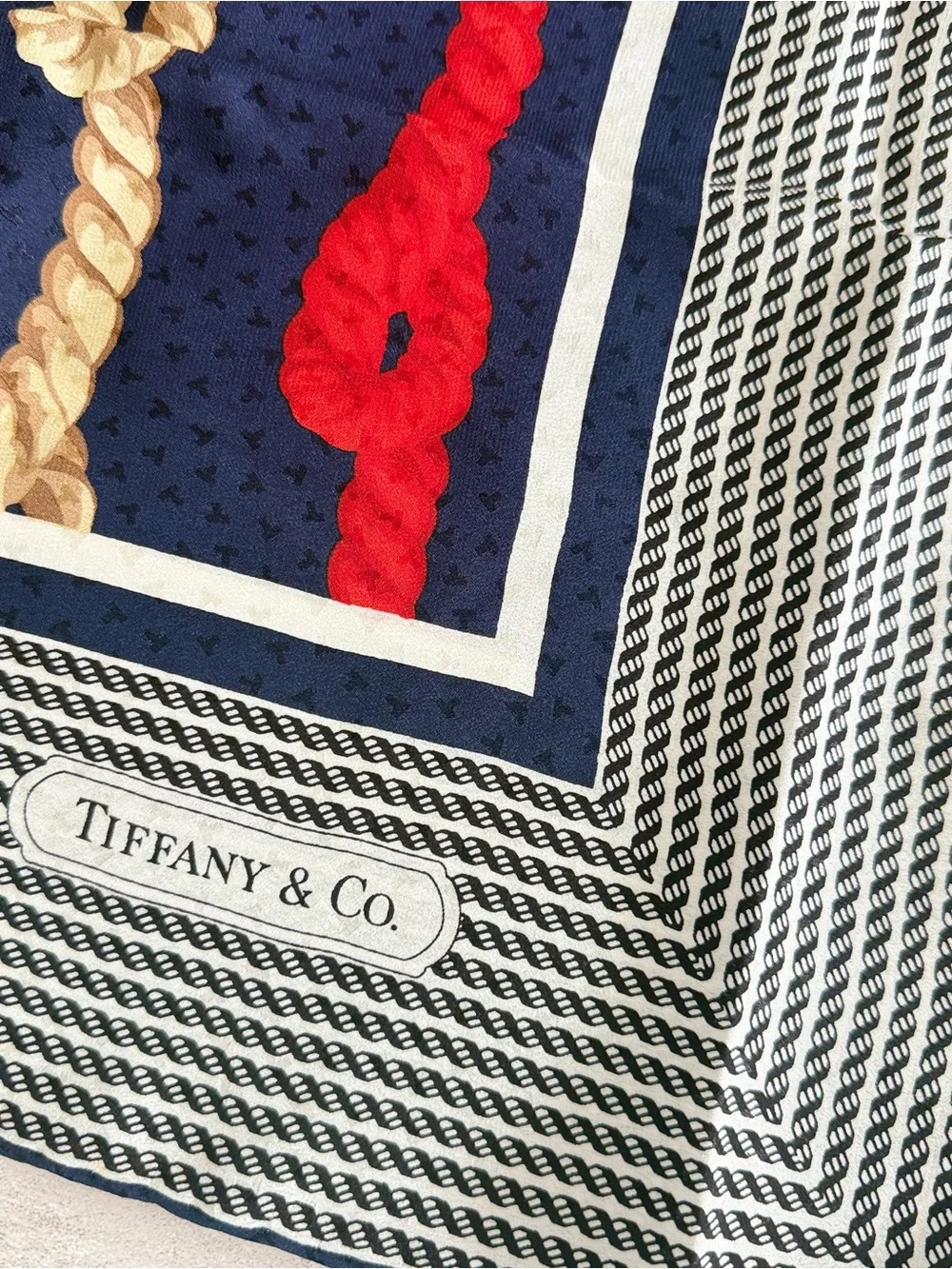 Tiffany & Co. Navy, Red & Gold Floral Silk Scarf with Graphic Border